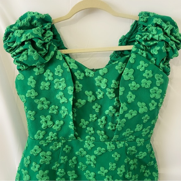 Vintage 60s handmade Kelly green floral 3D print puff sleeve dress unique - Picture 4 of 6
